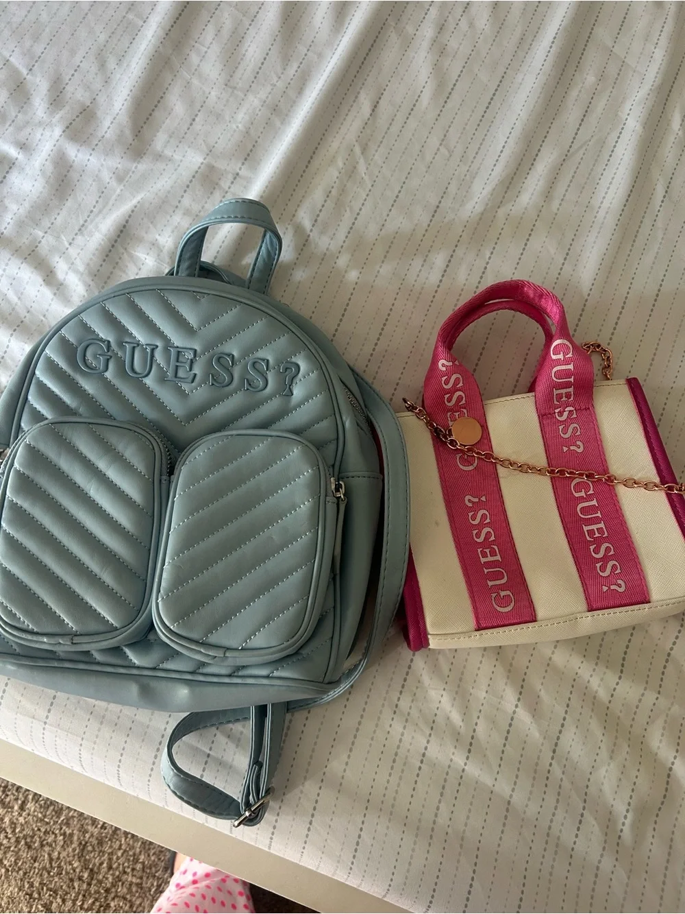 GUESS Light Blue Quilted Mini Backpack with Pink & White Logo Tote